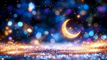 Wall Mural - Sparkling crescent moon and stars on glittering background.