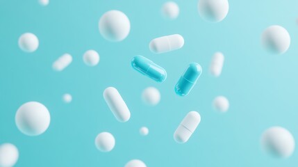 Poster - White and light blue pills and white spheres are floating on a light blue background, creating a visually appealing and conceptual image related to medicine, healthcare, and pharmaceuticals