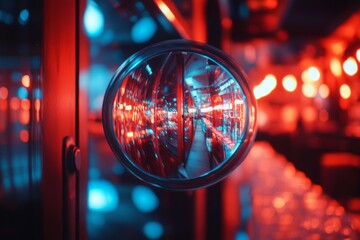 Poster - A close-up of a circular lens reflecting colorful lights in an urban environment, showcasing vibrant red and blue bokeh effects, ideal for artistic projects.