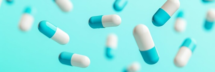Poster - Several blue and white medicine capsules are falling against a turquoise background, creating a dynamic visual suitable for pharmaceutical or healthcare related projects