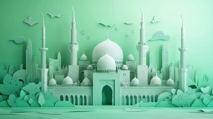 Canvas Print - Prophet's Mosque: The Prophet's Mosque with its iconic green dome. paper cut Art Style 3d background 