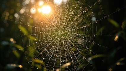 Beautiful spider web glistening with dew in the morning sunlight amidst greenery
