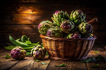 Wall Mural - Silhouetted Basket of Artichokes on Rustic Wooden Table - Dramatic Backlit Still Life