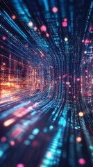 Poster - Conceptual Digital Data Flow Design in a Transformative 3D Space with Illuminated Particles and Vivid Colors