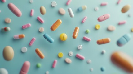 Poster - Assorted pharmaceutical pills, tablets, and capsules falling against a light blue background, creating a vibrant composition related to healthcare and the pharmaceutical industry