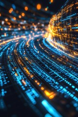Poster - Experience a vibrant digital flow of data streams characterized by bright neon lights, creating a stunning technology backdrop.