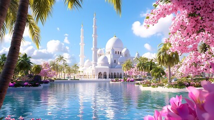 Wall Mural - majestic white mosque reflected in a tranquil pond, surrounded by lush palm trees and blossoming pin