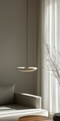 Poster - A stunning minimalist lighting fixture creates a serene atmosphere in this elegant interior. The soft colors and clean lines enhance the cozy space with natural light.