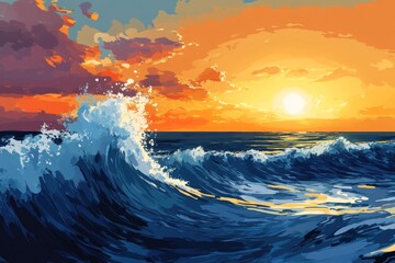 Wall Mural - Painting of a wave crashing on a beach with a sunset in the background. The mood of the painting is serene