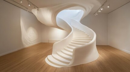 Poster - A stunning modern staircase design with smooth curves and a bright interior, showcasing the fusion of art and architecture in a contemporary space.