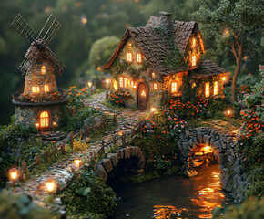 Wall Mural -  small fantasy village with cottage, windmill, and stone bridge