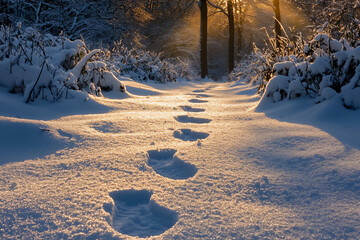 Wall Mural -  snowy woodland path, fresh footprints, serene scene