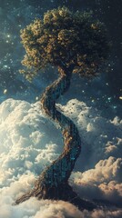 Poster - A surreal depiction of a whimsical tree entwined with digital patterns and cosmic elements, rising through fluffy clouds under a starry sky, symbolizing growth and imagination.