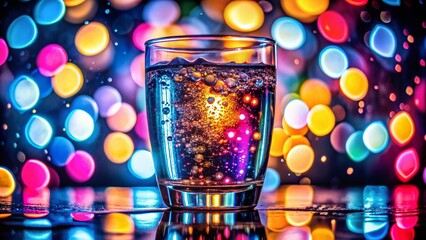 Wall Mural - Sparkling Water Glass, Colorful Background, Long Exposure Photography