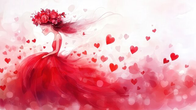 romantic watercolor illustration of a girl with floral crown and hearts