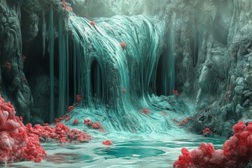 Poster - Surreal Digital Artwork Featuring Melting Waterfall and Colorful Organic Forms in a Dreamlike Landscape