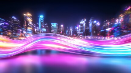 Poster - Vibrant light trails curve over a futuristic city skyline at night.