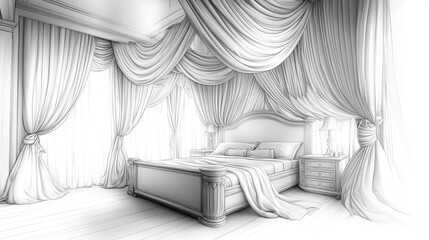 Canvas Print - A sophisticated sketch of a master bedroom featuring a canopy bed