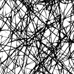 A striking abstract pattern of chaotic black lines on a white background, creating a dynamic and energetic visual texture.