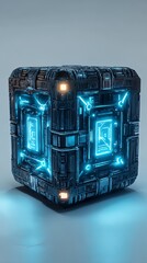 Poster - cube with blue lights on it. the cube is made of metal and has a futuristic look