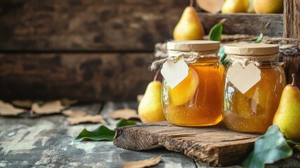 Wall Mural - Two jars of pear jam with fresh pears on rustic wooden background