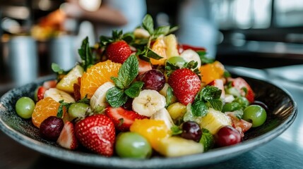 An appetizing fruit salad bowl blending fresh strawberries, grapes, bananas, oranges, and mint offering a refreshing mix for a delightful meal experience.