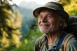 © SerPak - Joyful elderly tourist exploring mountains with backpack on a sunny day.
