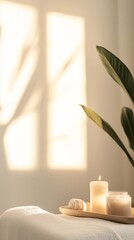 Poster - Burning candle resting on a wooden tray beside a jar of cream and a rolled towel, casting a warm glow in a sunlit spa room with a green plant, creating a tranquil atmosphere