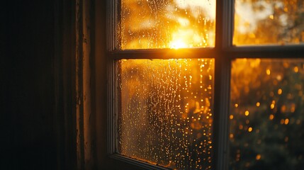 Wall Mural - Rainy sunset view from old window