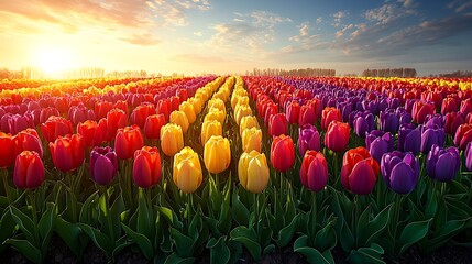 Canvas Print - Vibrant tulip field at sunset, rows of red, yellow, purple tulips.