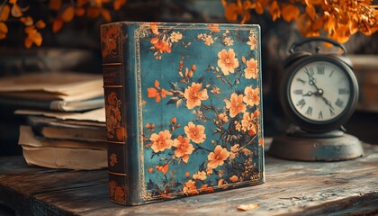 Wall Mural - Vintage floral book rests on rustic wooden table near antique clock and autumn leaves.