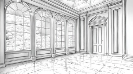 Canvas Print - Drawing of a Stylish Vacant Hallway Featuring Columns and Windows