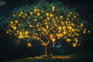 Sticker - A vibrant tree illuminated with glowing startup icons, representing innovation and creativity in a serene outdoor setting, perfect for concepts of technology and growth.