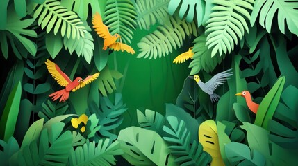 Poster - Rainforest Protection: The dense, vibrant canopy of a protected rainforest. paper cut Art Style 3d background 