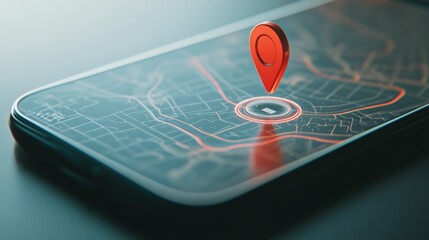 Poster - City map displayed on smartphone screen with glowing red location pin indicating destination and highlighted navigation route, emphasizing modern gps technology for travel and urban exploration