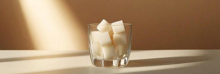 Aufkleber - Glass of sugar cubes on white surface, contrasting indulgence with healthy living