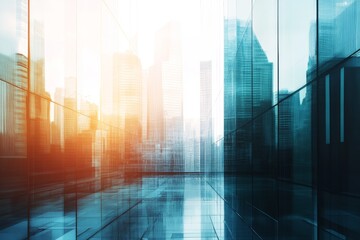 Poster - A stunning modern background showcasing a city skyline with glass architecture, reflecting sunlight. Perfect for themes of business and innovation.