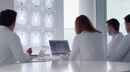 Poster - Doctors and medical professionals are having a meeting, analyzing brain mri scans displayed on a projection screen and laptop, discussing diagnosis and treatment options