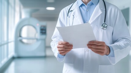 Aufkleber - Doctor wearing lab coat and stethoscope is reading a medical report while standing in a hospital corridor with a ct scanner in the background, representing healthcare and medical diagnosis