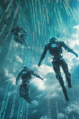 Wall Mural - three robots are flying in the sky, surrounded by a blue and green background. the scene is futurist