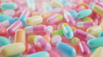 Poster - Numerous colorful pills and capsules are scattered, forming a vibrant and textured background related to medicine, pharmaceuticals, and healthcare