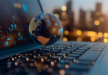 Wall Mural - A globe with global network connections floating above the keyboard, symbolizing online connectivity and worldwide internet connection technology 