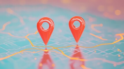 Poster - Two vibrant red location pins marking positions on a digital map, showcasing highlighted routes and symbolizing modern online navigation and efficient route planning for travelers