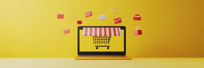 Poster - Online shopping concept is visualized with a laptop displaying shopping bags, cart, and envelopes floating on a vibrant yellow background, representing e commerce and online payment