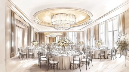 Poster - A sophisticated ballroom layout sketch featuring tables and chairs