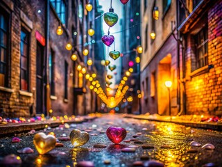 Wall Mural - Urban Valentine's Day: Bokeh Background with Glass Hearts and Balls