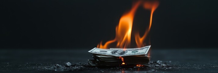 Poster - Stack of one hundred dollar bills is burning with bright orange flames on a dark background, representing financial crisis, loss of investment, or economic downturn