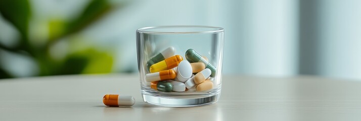 Poster - Colorful pills and capsules filling a clear glass on a table symbolize medical treatment and healthcare, set against a blurred home or clinical background