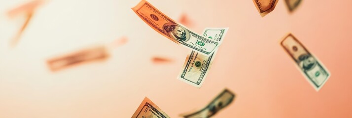 Poster - Several dollar bills are falling against a soft orange background, creating a visual representation of concepts related to finance, investment, and the dynamics of money