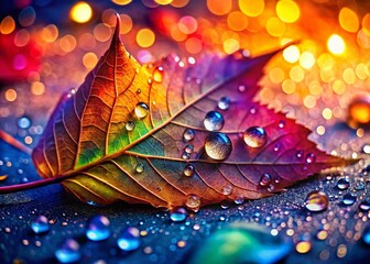 Wall Mural - Vibrant Autumn Leaf with Water Droplets, Macro Bokeh Photography